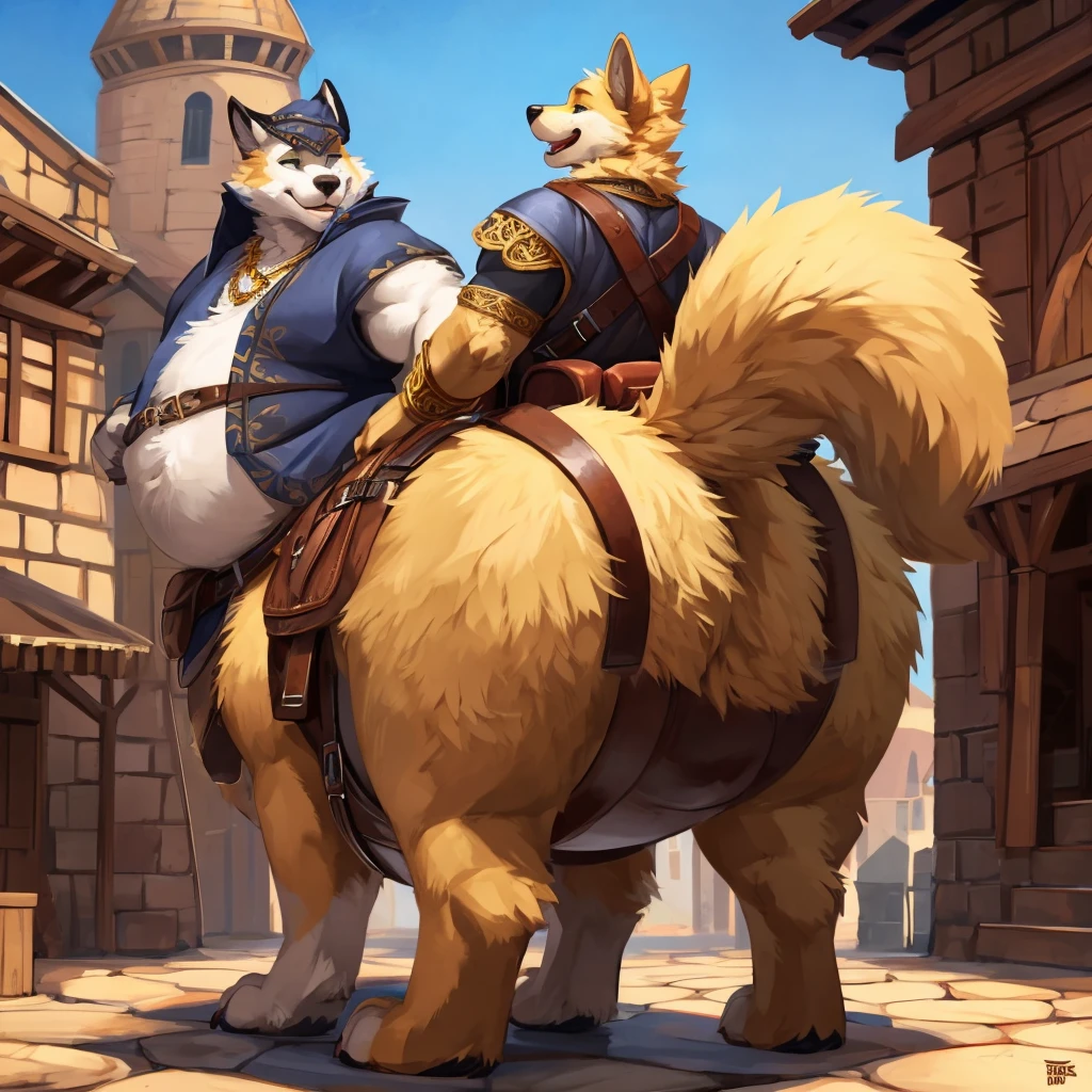 (Rear view), 4k ultra quality, 4k full body view,ultra high detailed body,singo person,foxtaur, detailed body, (ultra detailed belly), white belly fur,big belly, ((round taur belly)), enormous taur belly, enormous taur body, bulge,by mystikfox61, by glitter trap boy, by bebebebebe,by morethreedee, by seibear,(thick thigh),(chubby thigh),thicc thigh,thick legs,chubby legs,thicc legs,massive ,enomorous thigh,massive thigh,massive legs,(detailed thigh),(wide thigh),thick buttffy belly,furry belly,sharp nails,((sfw)),(ultra detailed face),ultra detailed eyes,cute face,green eyes,(golden fur),mouth open,big tail,fluffy tail,(detailed tail),enomorous tail,front view,bigger tail,huge tail,immobile taur,enomorous thigh,fluffy paws,detailed paws,thick paws,chubby paws,huge paws,big paws,(black paws),bare paws,ornate belts,ornate necklace,golden bracelet,leather belts,multiple belts,ultra big bulge,huge bulge, saddle bags,ornate saddle,saddle packs,big packs,mediaeval town,mediaeval style,treader