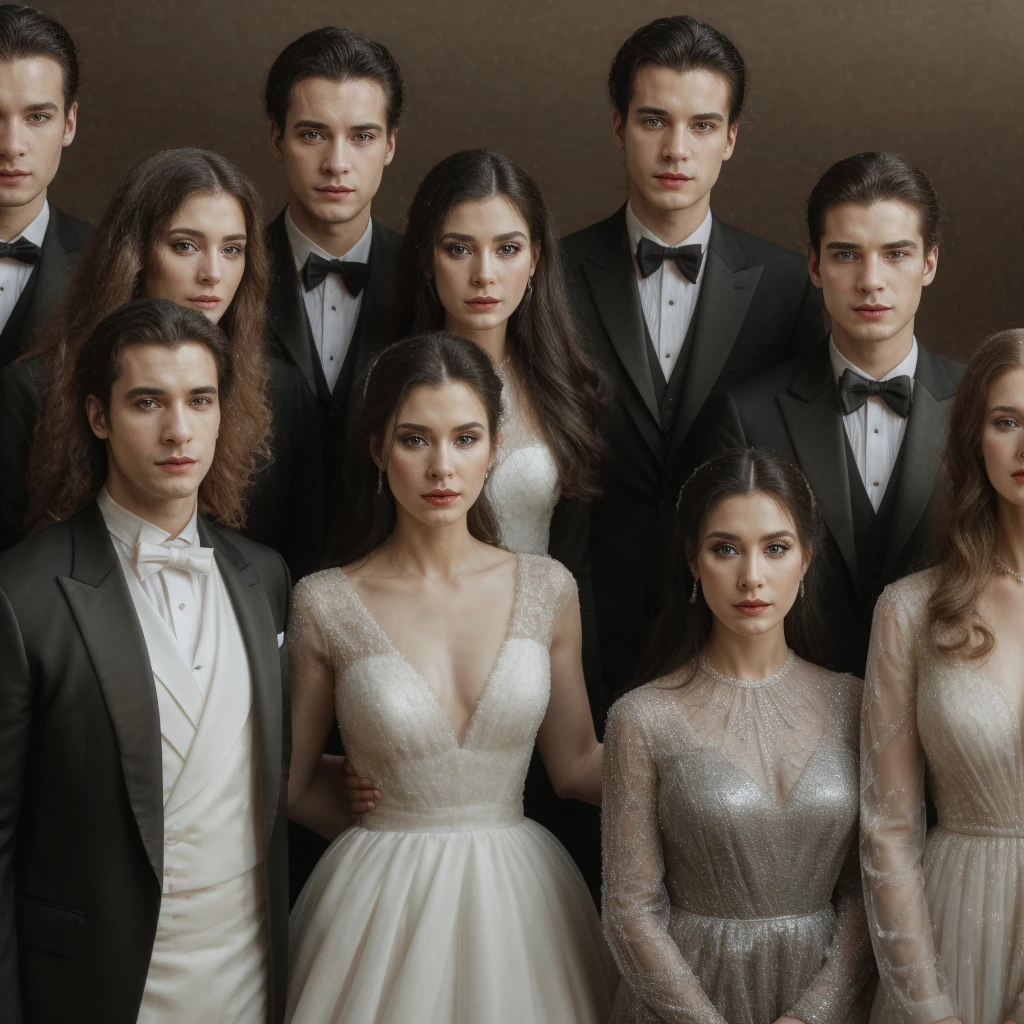 Three men and three women are standing on the opera stage, the three men are wearing black suits and the three women are wearing elegant long white dresses, close up, realistic photo