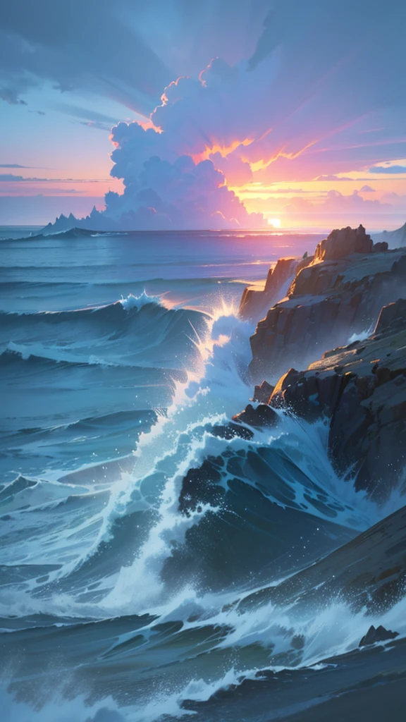 a massive tidal wave crashing over a bright, sky-blue ocean, an incredibly detailed and photorealistic scene with a fantastical and terrifying atmosphere, (best quality,4k,8k,highres,masterpiece:1.2),ultra-detailed,(realistic,photorealistic,photo-realistic:1.37),stunning lighting,dramatic lighting,vivid colors,cinematic composition,dynamic motion,powerful,ominous,epic scale,digital art