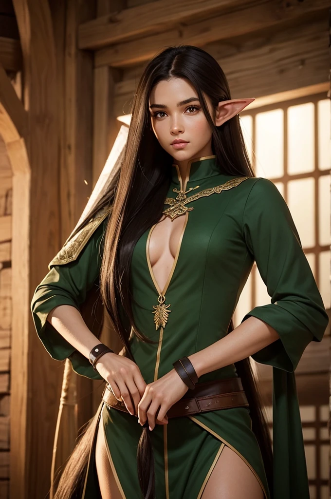 An elf girl,Double ponytail gray hair,small breast, naked, visible nipples, black leggings, Brown boots,green eyes,parted bangs,thick eyebrows,beautiful character design, official art,Extremely detailed CG unification, perfect lighting,rich and colorful, (the best_quality:1.0), 超high resolution,Super detailed, high resolution, lens flare, (beautiful_Face:1.5),the bestquality, chained with iron chains all over his body, Medieval cityscape