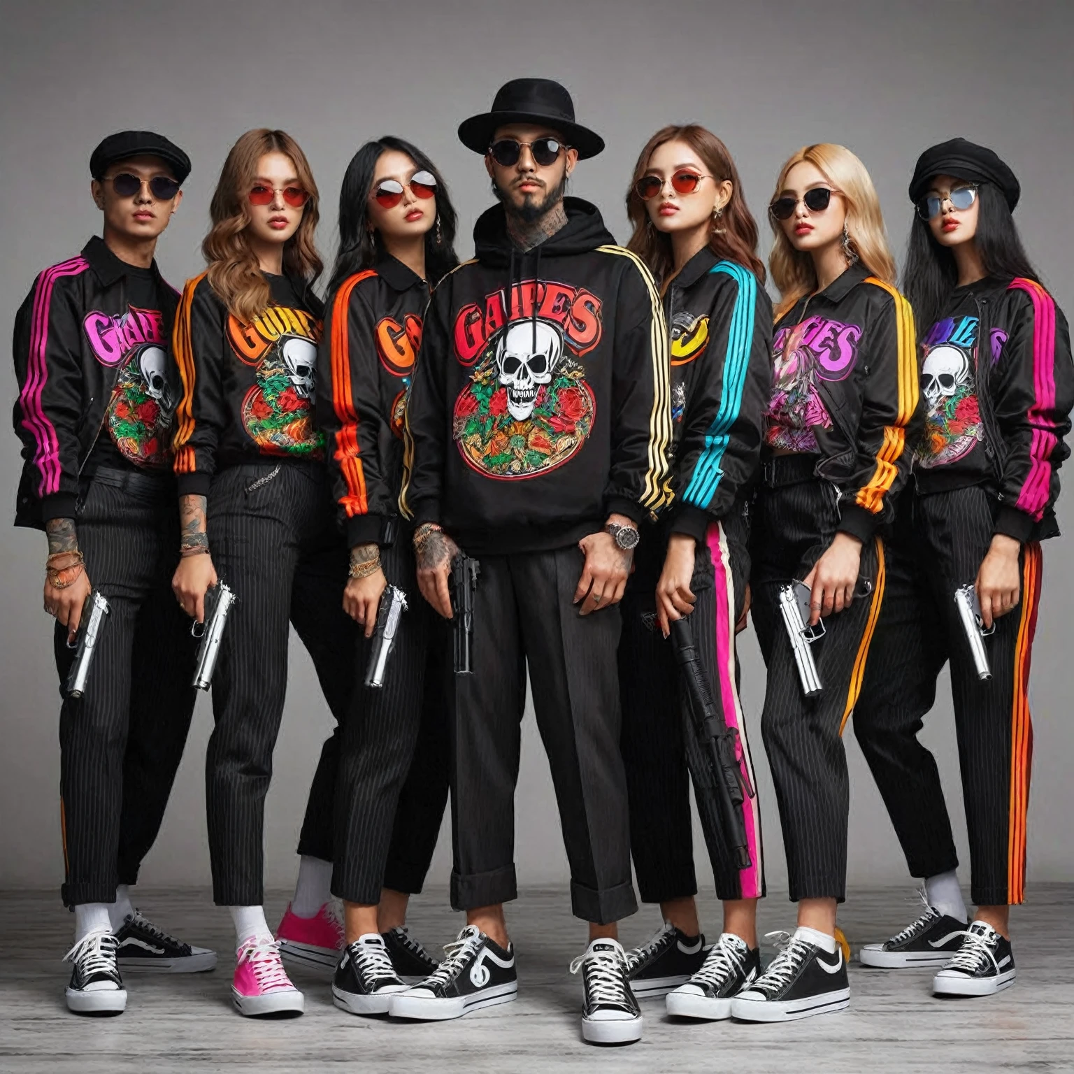 group photos must consist of 6 people; 1 men along with 5 women wearing matching colorful "GAES" streetwear mafia clothes standing posing for photo shoot in front of gray wall, shirt, jacket, Black trousers, Hat, Black shoes, Stick and Gun, mafia outfit, streetwear styles, cool candid pose, perfect fingers, intricate details, photorealistic, realistic human, UHD, high quality photos, 16K