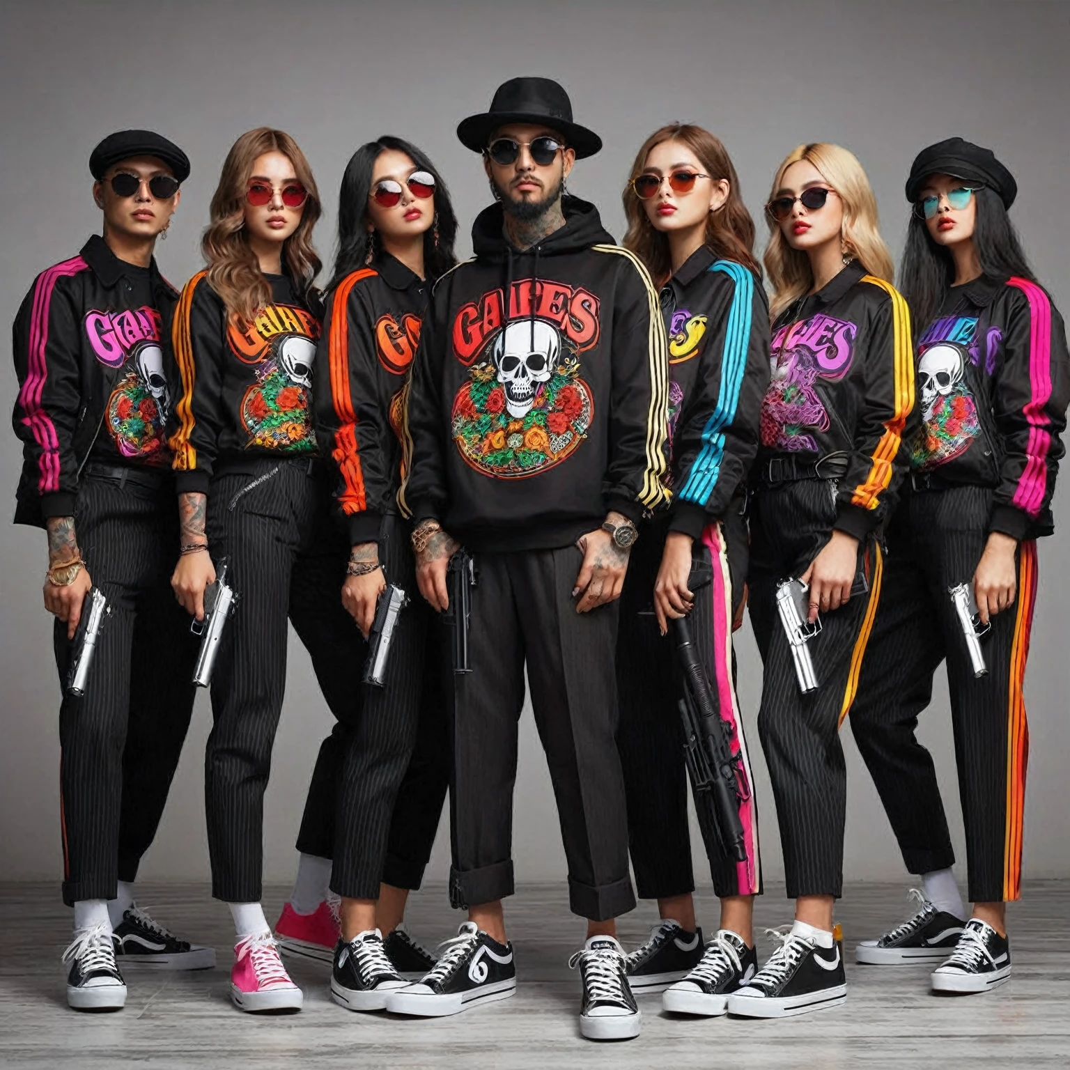 group photos must consist of 6 people; 1 men along with 5 women wearing matching colorful "GAES" streetwear mafia clothes standing posing for photo shoot in front of gray wall, shirt, jacket, Black trousers, Hat, Black shoes, Stick and Gun, mafia outfit, streetwear styles, cool candid pose, perfect fingers, intricate details, photorealistic, realistic human, UHD, high quality photos, 16K