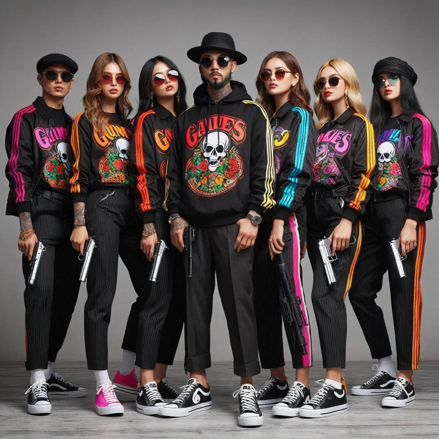 group photos must consist of 6 people; 1 men along with 5 women wearing matching colorful "GAES" streetwear mafia clothes standing posing for photo shoot in front of gray wall, shirt, jacket, Black trousers, Hat, Black shoes, Stick and Gun, mafia outfit, streetwear styles, cool candid pose, perfect fingers, intricate details, photorealistic, realistic human, UHD, high quality photos, 16K