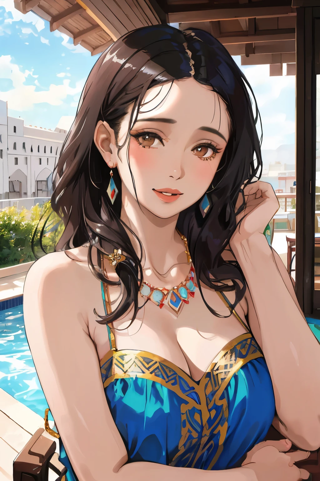Afghan duchy girl, (38 years old), in the hotel, morning, pool, necklace, joyful expression, (face and skin details), (masterpiece, best quality, highly detailed, hyper realistic)
