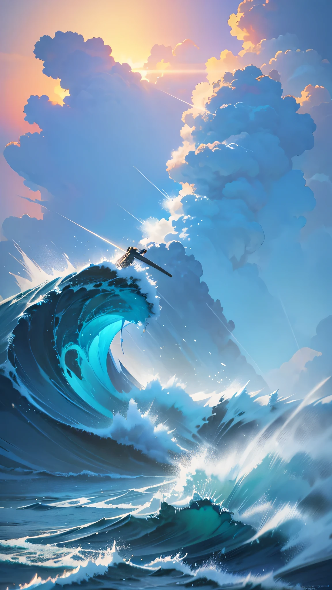a massive tidal wave crashing over a bright, sky-blue ocean, an incredibly detailed and photorealistic scene with a fantastical and terrifying atmosphere, (best quality,4k,8k,highres,masterpiece:1.2),ultra-detailed,(realistic,photorealistic,photo-realistic:1.37),stunning lighting,dramatic lighting,vivid colors,cinematic composition,dynamic motion,powerful,ominous,epic scale,digital art