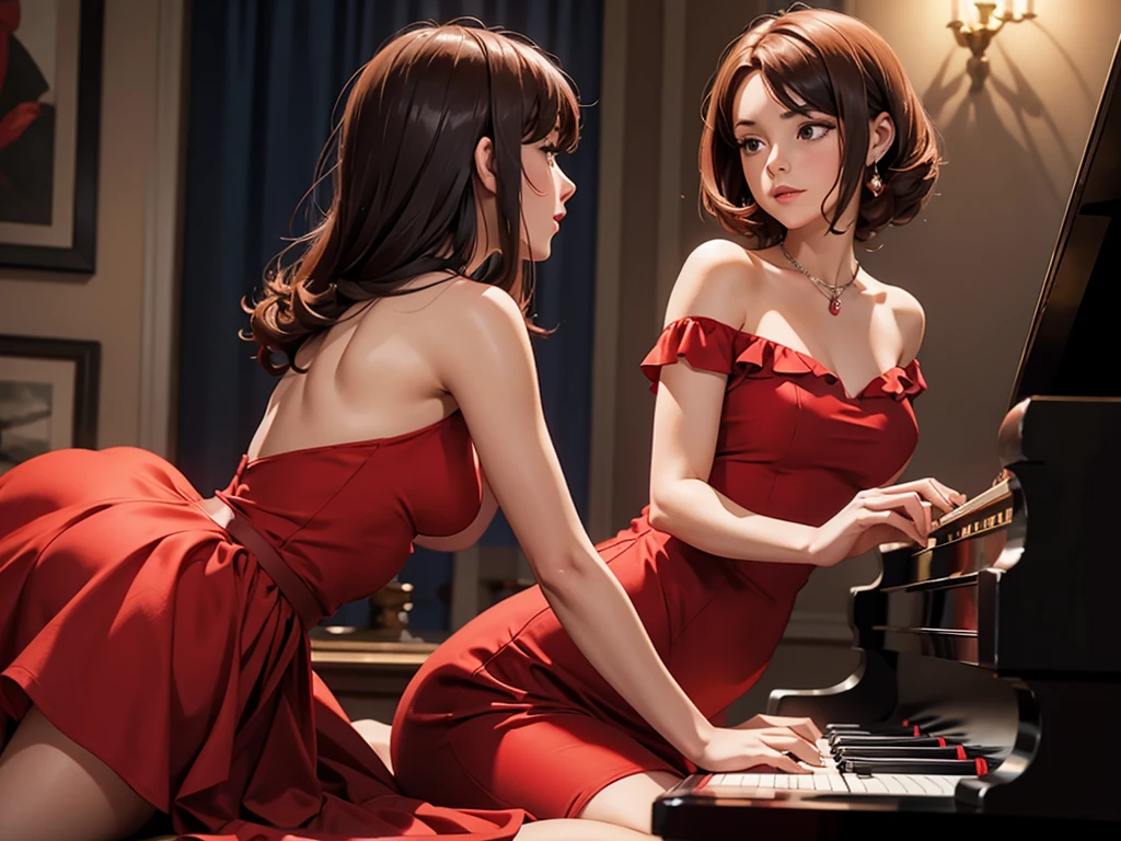 Woman in a red dress playing jazz piano