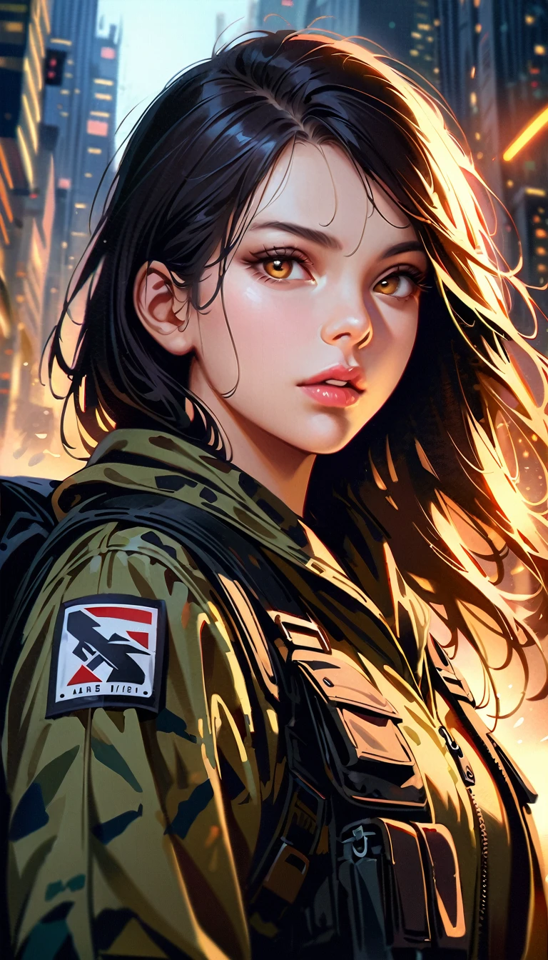 Cowboy shot, beautiful detailed eyes, beautiful detailed lips, extremely detailed eyes and face, longeyelashes, 1girl, female military sniper, holding huge sniper riffle (Snipex Alligator),  realistic, city camouflage, post-apocalitic city, skyscrapers roof, dark moody lighting, dramatic lighting, cinematic, high quality, 8k, ultra-realistic, masterpiece, award winning, photorealistic