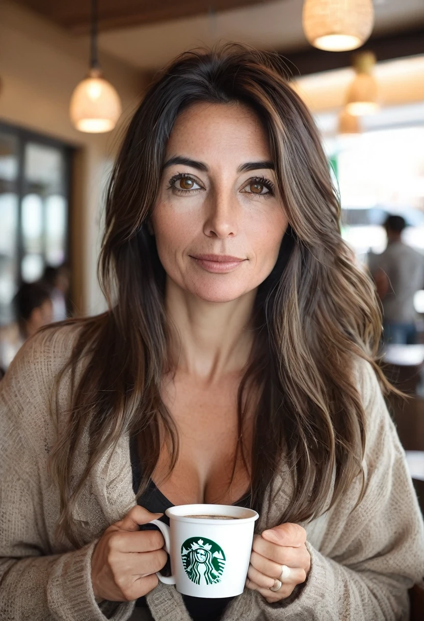 beautiful 40-year-old woman, dark brown hair, medium sagging breasts, almond-shaped eyes, holding a steaming cup of coffee in a Starbucks, mischievous look