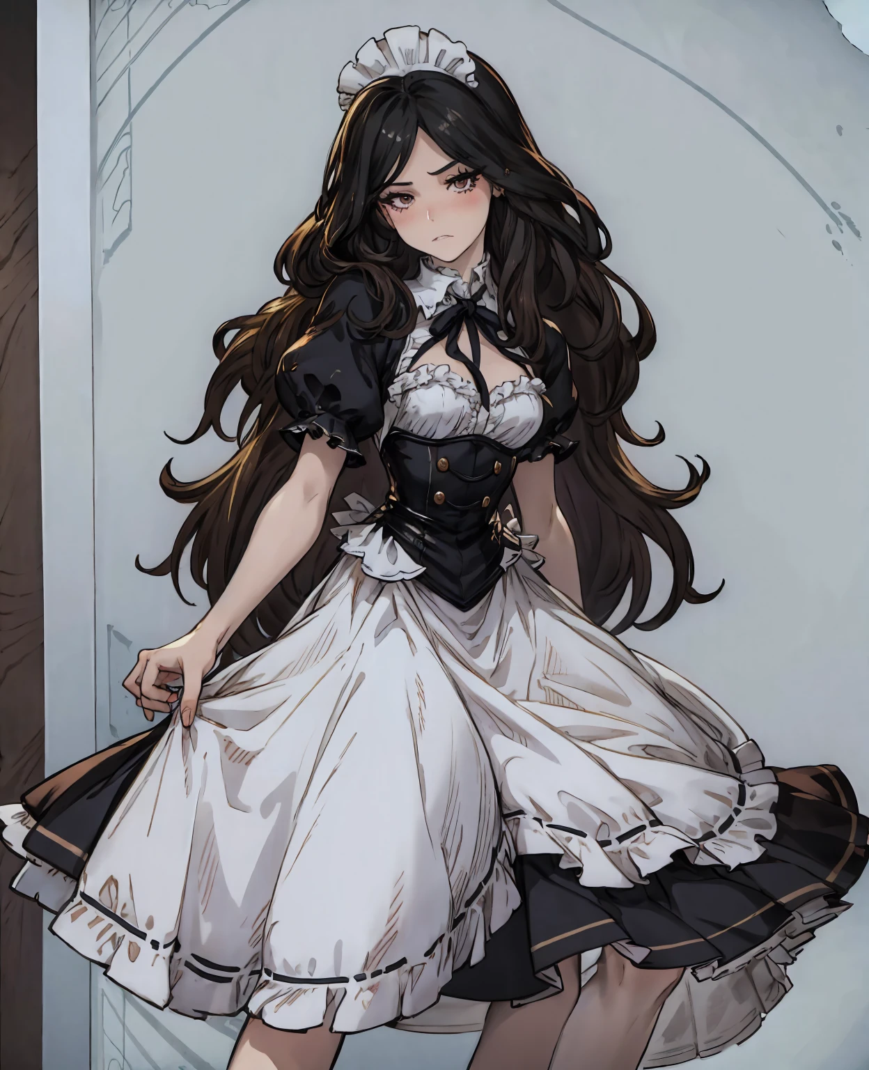 Her long hair was black, her skin was white and her eyes were dark and beautiful. Her face was like a doll, and her expression was one of concern, maid suit