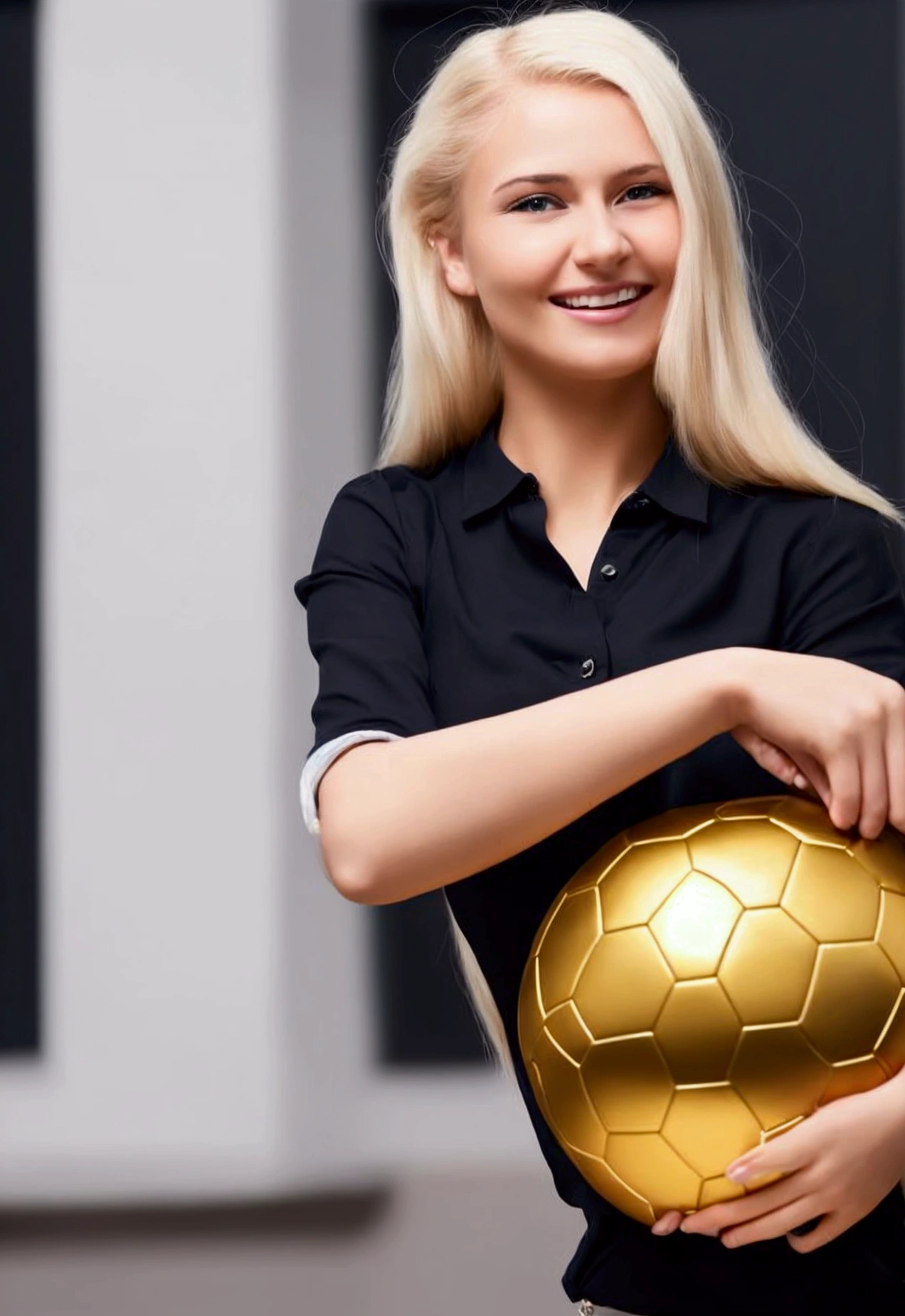 Photo of a young woman with blonde hair,smile, Beautiful shape, Black shirt, holding a golden soccer ball,at the casino