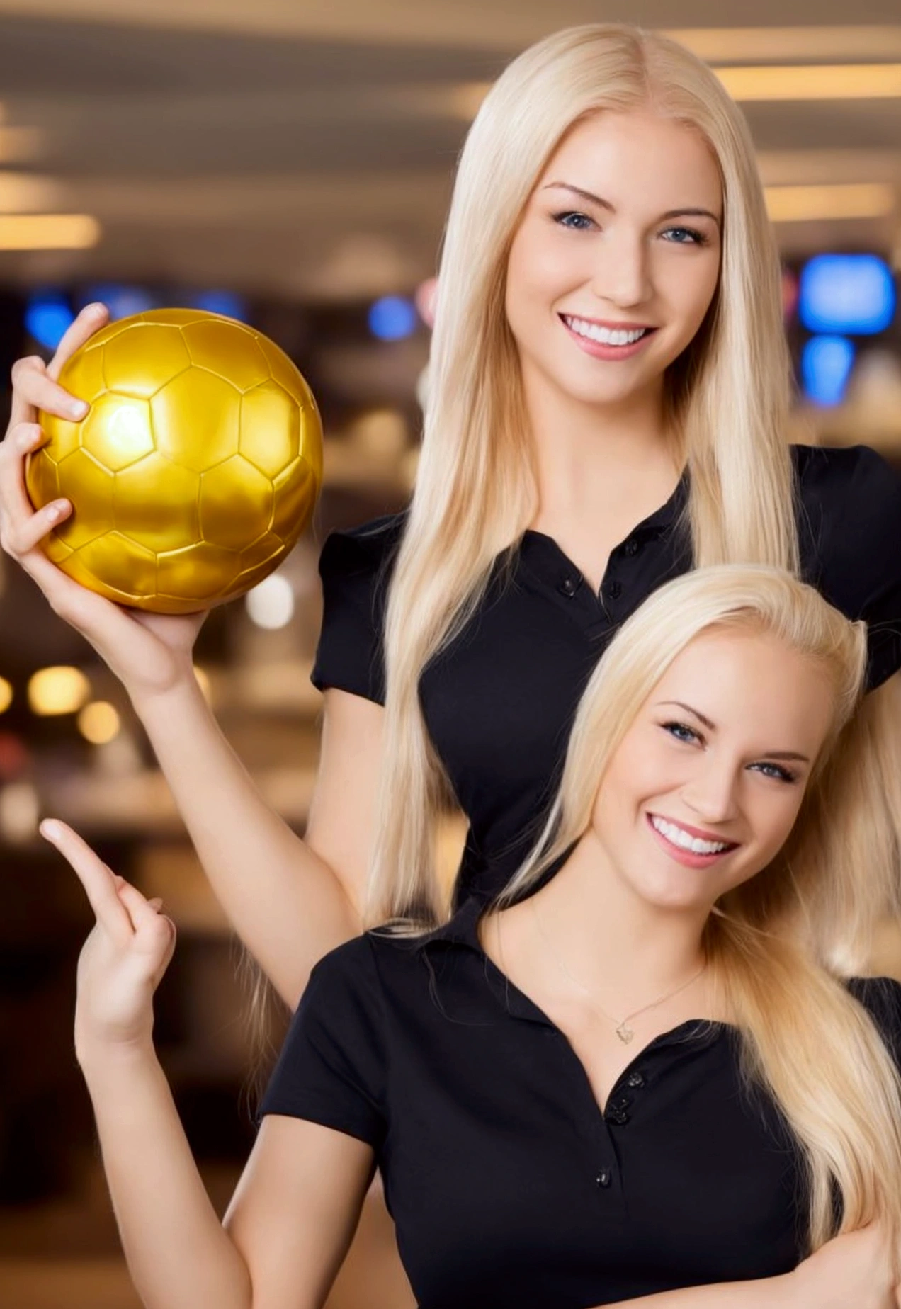 Photo of a young woman with blonde hair,smile, Beautiful shape, Black shirt, holding a golden soccer ball,at the casino