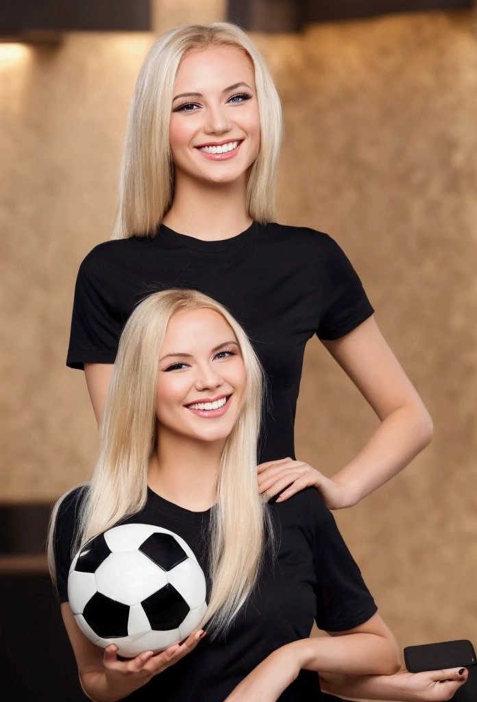 Photo of a young woman with blonde hair,smile, Beautiful shape, Black shirt, holding a golden soccer ball,at the casino