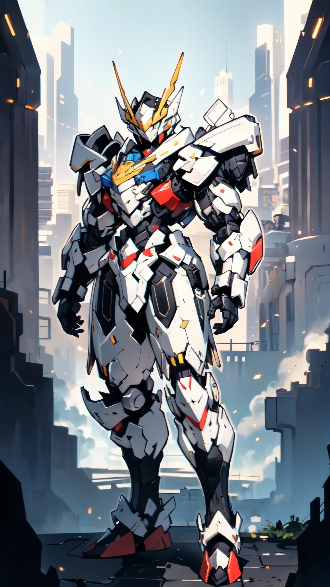 (masterpiece:1.5, best quality:1.5, extremely delicate:1.5), humanoid Mecha, fully enclosed shoulder guards, matching arm and leg guards, full body, full armor, the design balances heavy with agility, (the color scheme is primarily white with red and blue accents, the concept Inspired by Super robot, organic biotech armor, standing, floating high above the futuristic sci-fi city), exquisite and mature art style, (aura effect, energy, glowing eyes, the armor glows), ((SRS)), metallic, dramatic, high definition, highres, ultra-detailed, ultra-fine painting, professional, perfect body proportions, anatomically correct, symmetrical face, extremely detailed eyes and face, high quality eyes, creativity, RAW photo, UHD, 32k, Natural light, cinematic lighting, masterpiece-anatomy-perfect