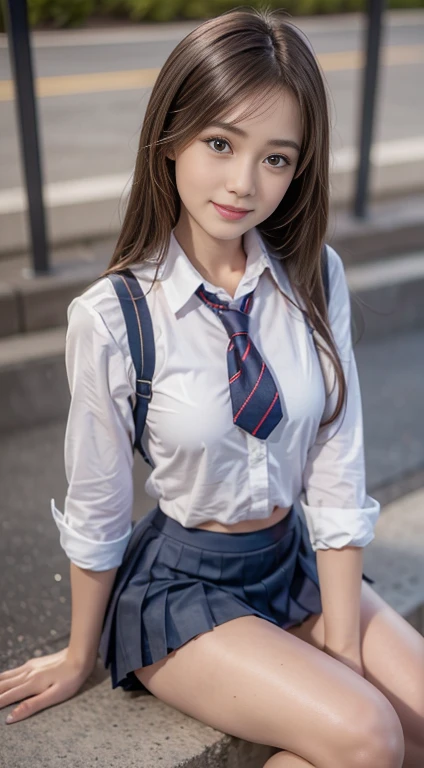 Beautiful long hair, One Girl, Very cute face, Great face and eyes, (Highly detailed eyes, Highly detailed face), (Ultra-realistic, High resolution), (Highest quality:1.4), RAW Photos, (Realistic, Realistic:1.37), Professional photography, Cinematic Light, (Great breasts:0.8), (school uniform, Pleated mini skirt:1.5), Very short skirt、smile, Sitting, Spread your legs, (Panty shot,(String)),look at me, Outdoor, town、Waiting for Nampa、Lure