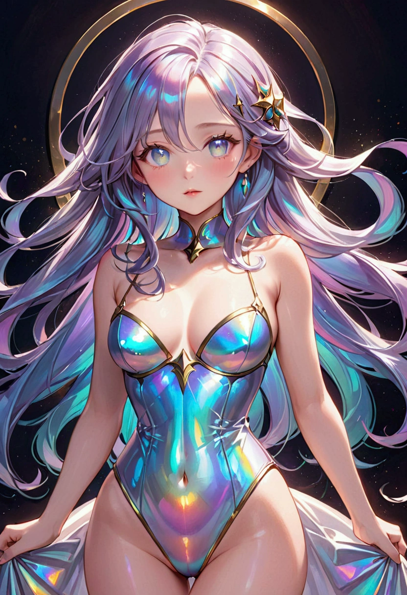 body type features a narrow waist with wider hips and shoulders, giving it an hourglass shape, long iridescent hair, iridescent eyed