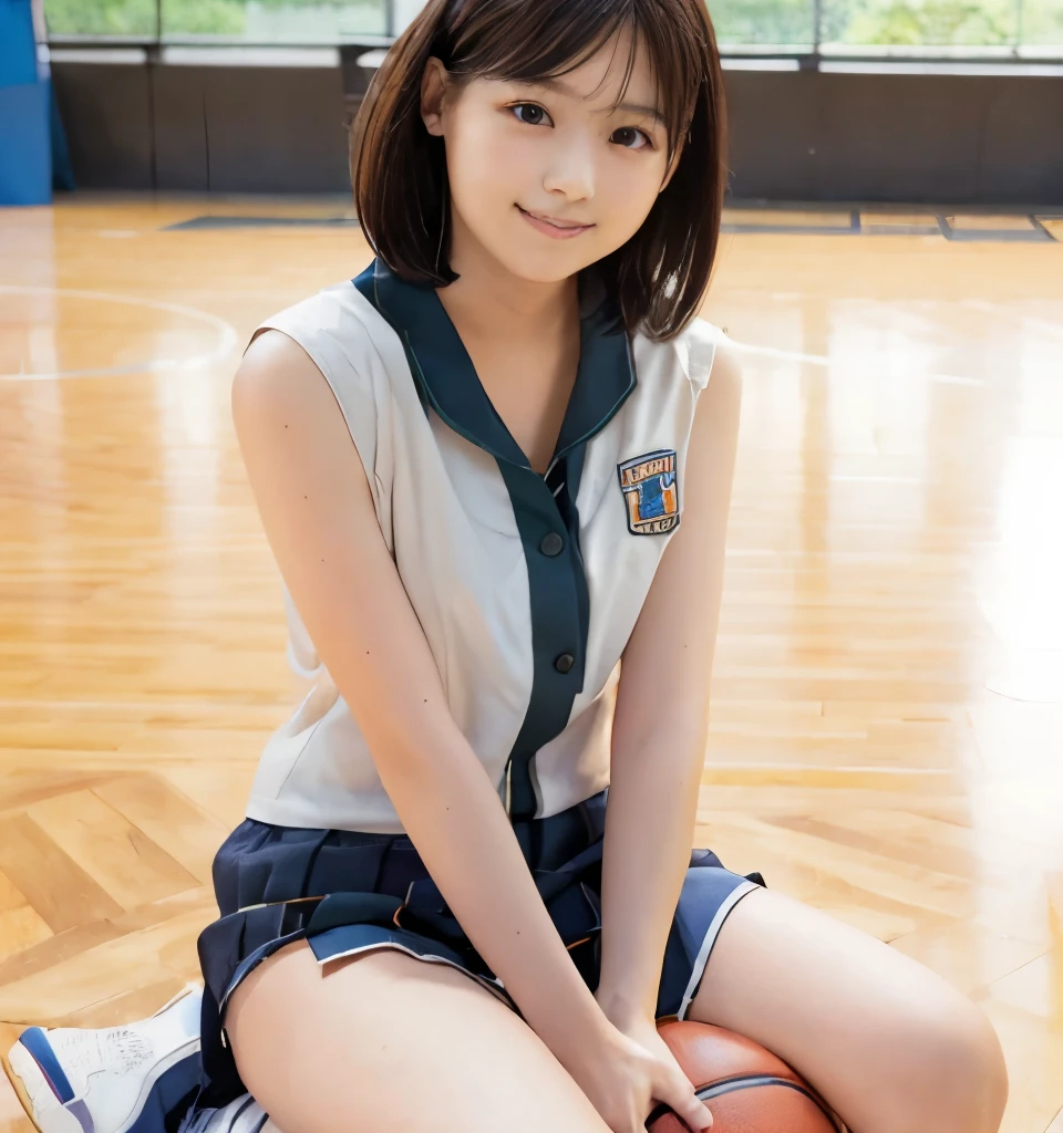 (8K分辨率,Full body photo in the distance,photorealestic,Wallpapers),(1 female,18yr old,(Facial features of Sakai spring water:1.8,Bones thin face,s delicate face),com rosto detalhado,(Light makeup),Beautiful face,com rosto detalhado,详细的脸,Ultra-fine makeup,Black colored eyes,Short shawl hair curled inward,(Windswept hair,Messy has layers),Redlip,Fair smooth skin,(Best Skin Type:1.21),mediuml breasts,(cheering party,Fitted sailor suit,high school school uniforms,((Red bow on chest))),Tall and tall,perfect hand,Perfect posture,Ultra-fine clothing material),(basketball playground,Exquisite arena details,(Faraway view,Cheerleaders,There were a lot of spectators in the audience,Teammates of the cheerleaders)),(expressioness:excited,exhilarated,confident smile,Rejoice),(Various basketball court lighting assistance,profesional lighting,动态照明),(Color contrast,subtle sensuality,vivaciousness,rays of sunshine(white colors,greys,blue colors)),(Golden section,Cinema lenses,Hasselblad photograp,tmasterpiece:1.3),(adolable,rays of sunshine,vivaciousness,cheering party,Sporty style,Artis,Official propaganda)