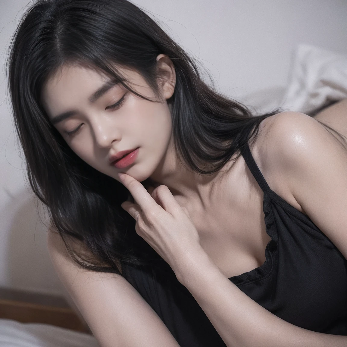 ﻿Best quality, masterpiece, ultra high res, photorealistic:1.5, raw photo, 1 girl, wear black oversize t-shirts, cleavage, show shoulders, deep shadow, low key, cold light, bob hair, fullbang, natural big breast, show big thigh, plump body, (lying on the bed), (furrowed eyebrows), (closing eyes), (face turned sideways), from above.