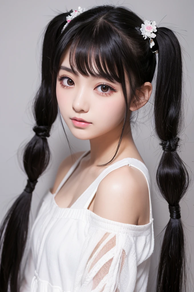 Black hair, twin tails, beautiful girl, white eyes