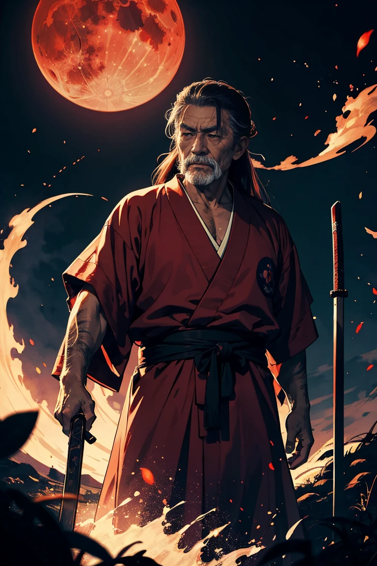 Full red moon in the background, 1man, an old man that looks like Musashi Miyamoto
with scars in his face and neck, the old man is wearing a japanese robe with his long hair ponytailed, he has his sword drawn out, you can only see a silhouette of him