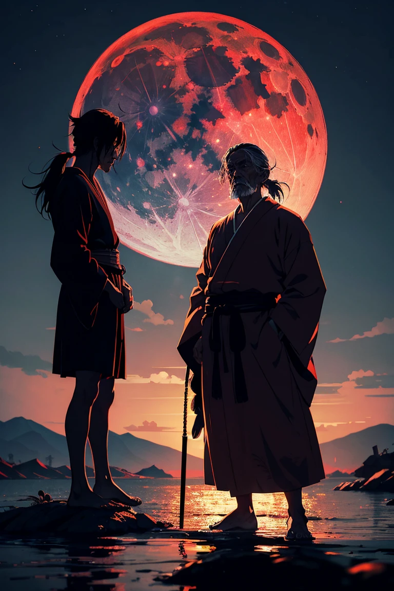 Full red moon in the background, 1man, an old man that looks like Musashi Miyamoto
with scars in his face and neck, the old man is wearing a japanese robe with his long hair ponytailed, he has his sword drawn out, you can only see a silhouette of him
