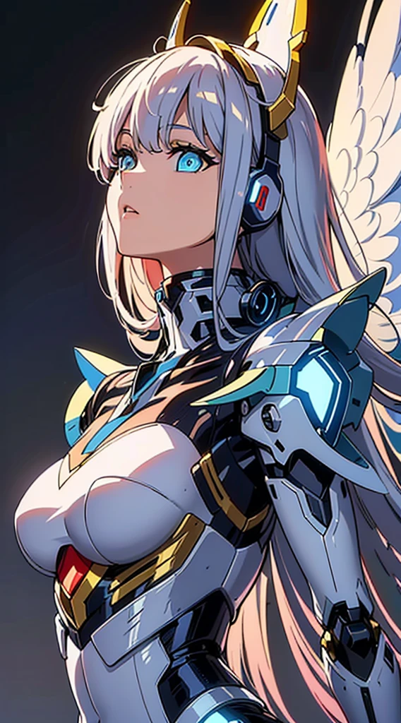 ((Blue shining mechanical eyes:1.3))、((Cyber Headphones:1.3))、((Mecha-nical headgear:1.3))、((8k)), ((32k)), ((highest quality)), ((masterpiece)), ((超A high resolution)), ((T Masterpiece)), fine skin texture, fine cloth texture, fine metal texture、((beautiful and detailed face))、Raw photo、Professional, Ultra-fine painting, ((独奏)), ((A woman dressed as a Mecha Angel)), beautiful breasts, concept art, anime fantasy artwork, detailed fantasy art, (Has pale blue-purple hair and large white mechanical wings.,), (((long hair))), (Mecha:1.6)、Sleek and menacing design, ((Armament of the Supreme Commander-in-Chief)), (perfect robot body)、Pure white and blue-purple armor, symmetrical mechanical wings, 8k high quality detailed art, 3D rendering of character art in 8k, clear legs, defined, defined fingers, NSFW、(((head shot:1.3)))