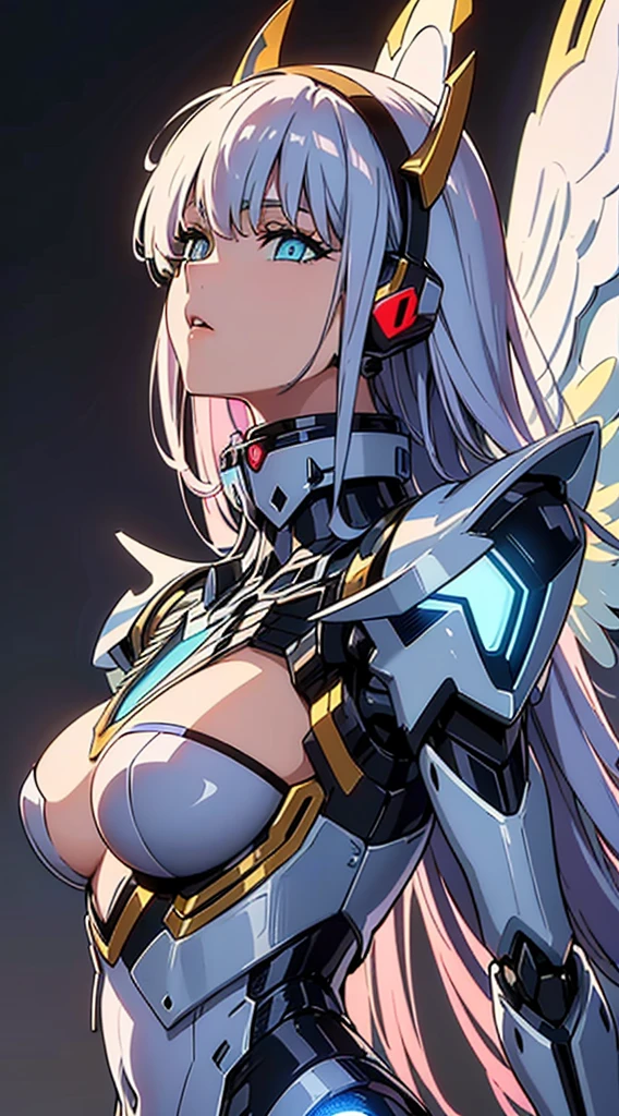 ((Blue shining mechanical eyes:1.3))、((Cyber Headphones:1.3))、((Mecha-nical headgear:1.3))、((8k)), ((32k)), ((highest quality)), ((masterpiece)), ((超A high resolution)), ((T Masterpiece)), fine skin texture, fine cloth texture, fine metal texture、((beautiful and detailed face))、Raw photo、Professional, Ultra-fine painting, ((独奏)), ((A woman dressed as a Mecha Angel)), beautiful breasts, concept art, anime fantasy artwork, detailed fantasy art, (Has pale blue-purple hair and large white mechanical wings.,), (((long hair))), (Mecha:1.6)、Sleek and menacing design, ((Armament of the Supreme Commander-in-Chief)), (perfect robot body)、Pure white and blue-purple armor, symmetrical mechanical wings, 8k high quality detailed art, 3D rendering of character art in 8k, clear legs, defined, defined fingers, NSFW、(((head shot:1.3)))