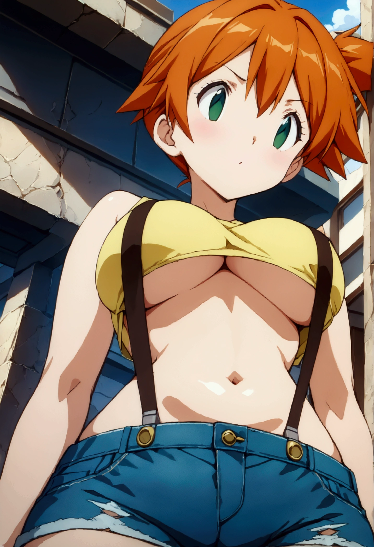 (score_9, score_8_up, score_7_up), ((best quality, masterpiece)),perfect anatomy,((aesthetic,very aesthetic)),official style,(intricate.hyper-detailed), (ultra-high resolution),source_anime.(below view:1.3),breast focus ,straight-on,,, (mature) ,1girl, Outdoor, Green Eyes, Orange Hair, , Yellow Shirt, Sleeveless shirt,belly button, Denim shorts, suspenders, (slender), under_boob,unity 8k wallpaper.extremely detailed CG, ,,