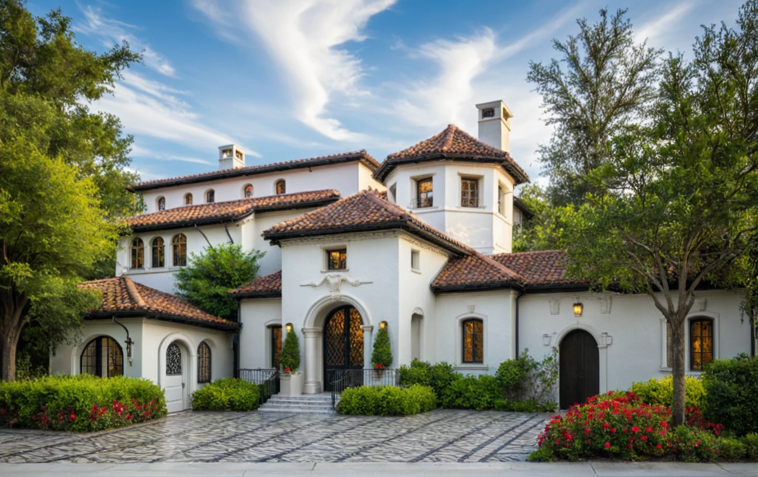 (RAW photo, masterpiece, best quality,ultra-detailed, extremely delicate and beautiful, highresolution, best shadow:1.1), A Mediterranean Italian style home with white stucco walls, black accents and windows, large front yard, vivid color, beautiful shrubs and (flowers), tropical tree and plants, ((dark tiled roof)), professional photography in the style of an Italian classic home.