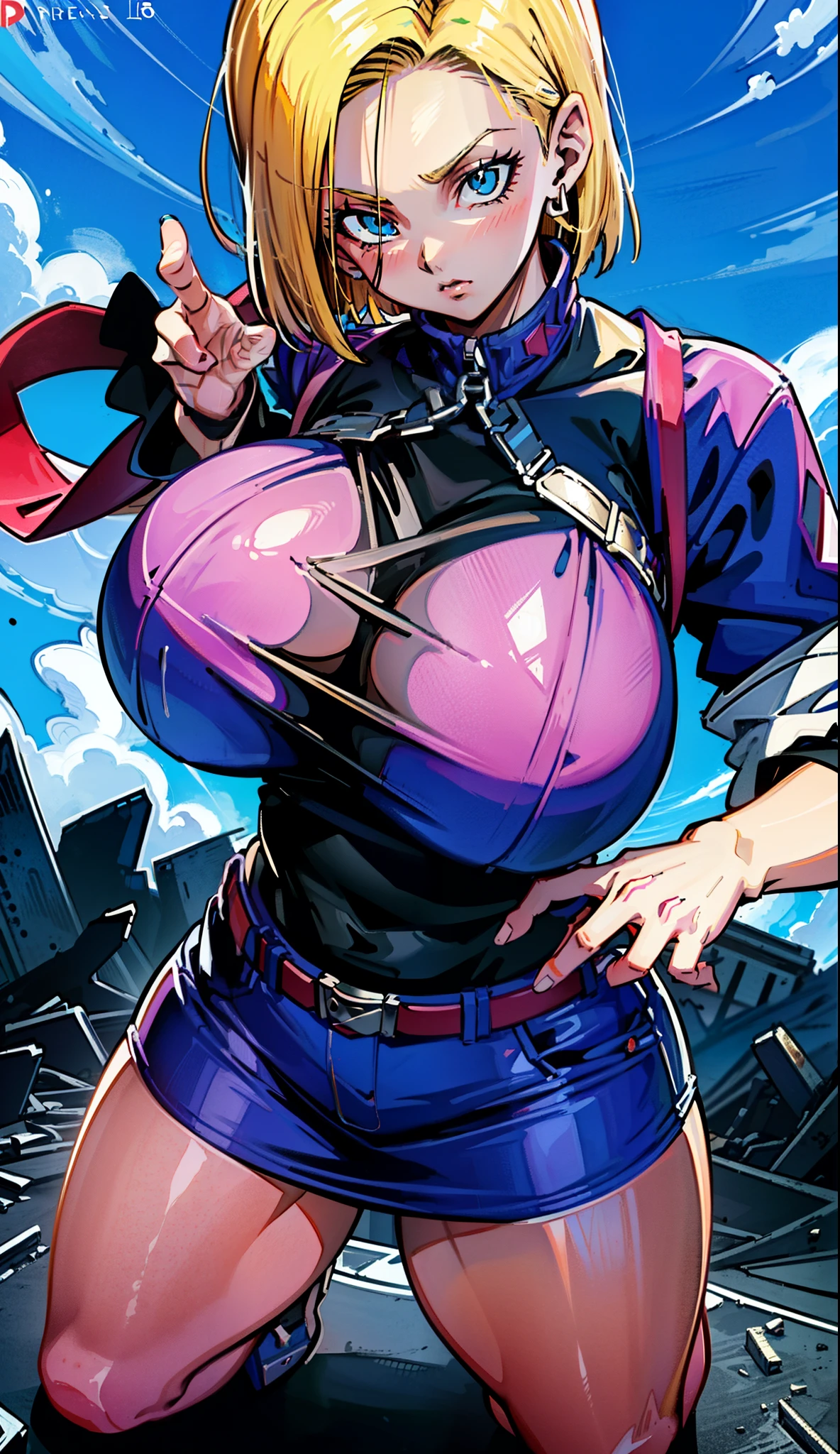 supergirl, pureerosface_v1, sticker of a girl from dc comic, full body, Kim Jung gi, , (gigantic breasts breasts 1.6),soul, digital illustration, comic style, cyberpunk, perfect anatomy, centered, approaching perfection, dynamic, highly detailed, watercolor painting, artstation, concept art, smooth, sharp focus, illustration, art by Carne Griffiths and Wadim Kashin ,, (masterpiece, best quality, ultra-detailed, best shadow),, In the style of Neon Genesis Evangelion, you find yourself standing on a desolate, post - apocalyptic wasteland, as the distant ruins of a massive city loom on the horizon. The sky is filled with ominous clouds, as a massive creature towers in the distance, huge breast, gigantic , titsnipples, curvy, thicc