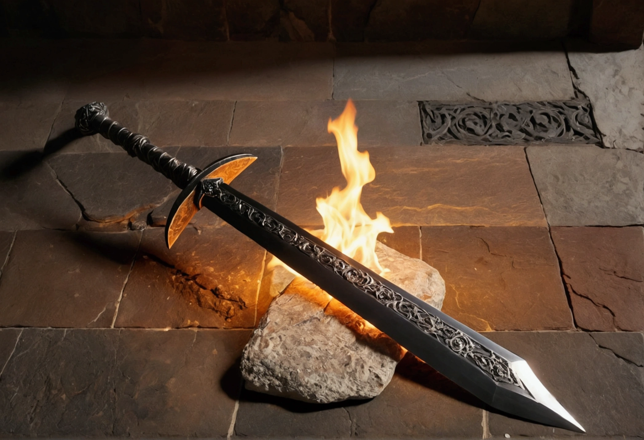 Iron Sword stuck in stone floor, fire on whole floor, crystal in background