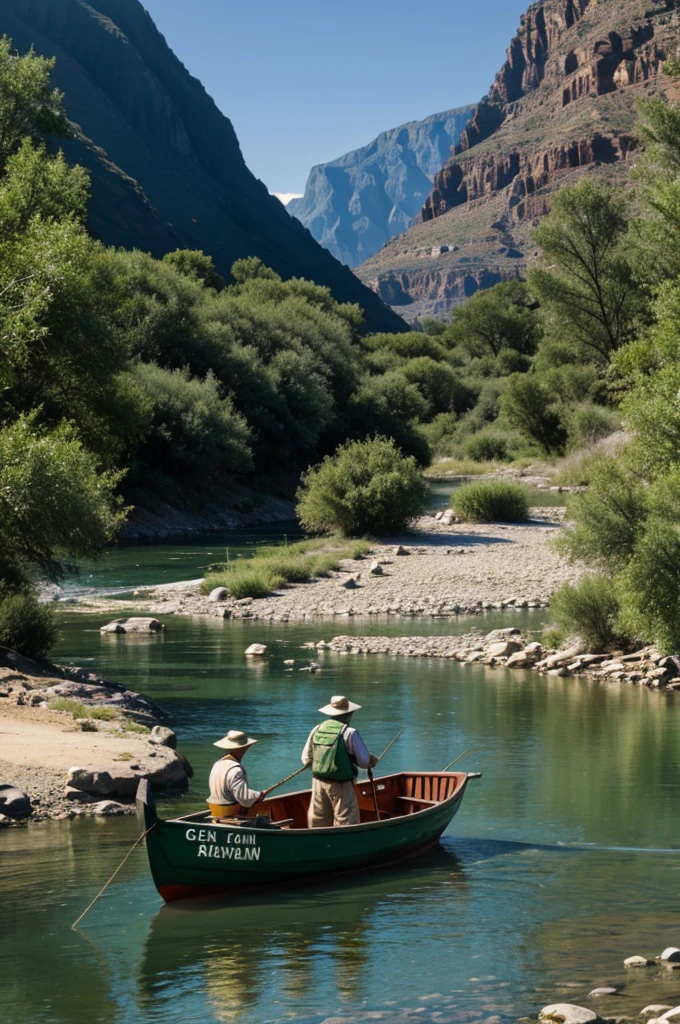 Fisher man with boat in green river