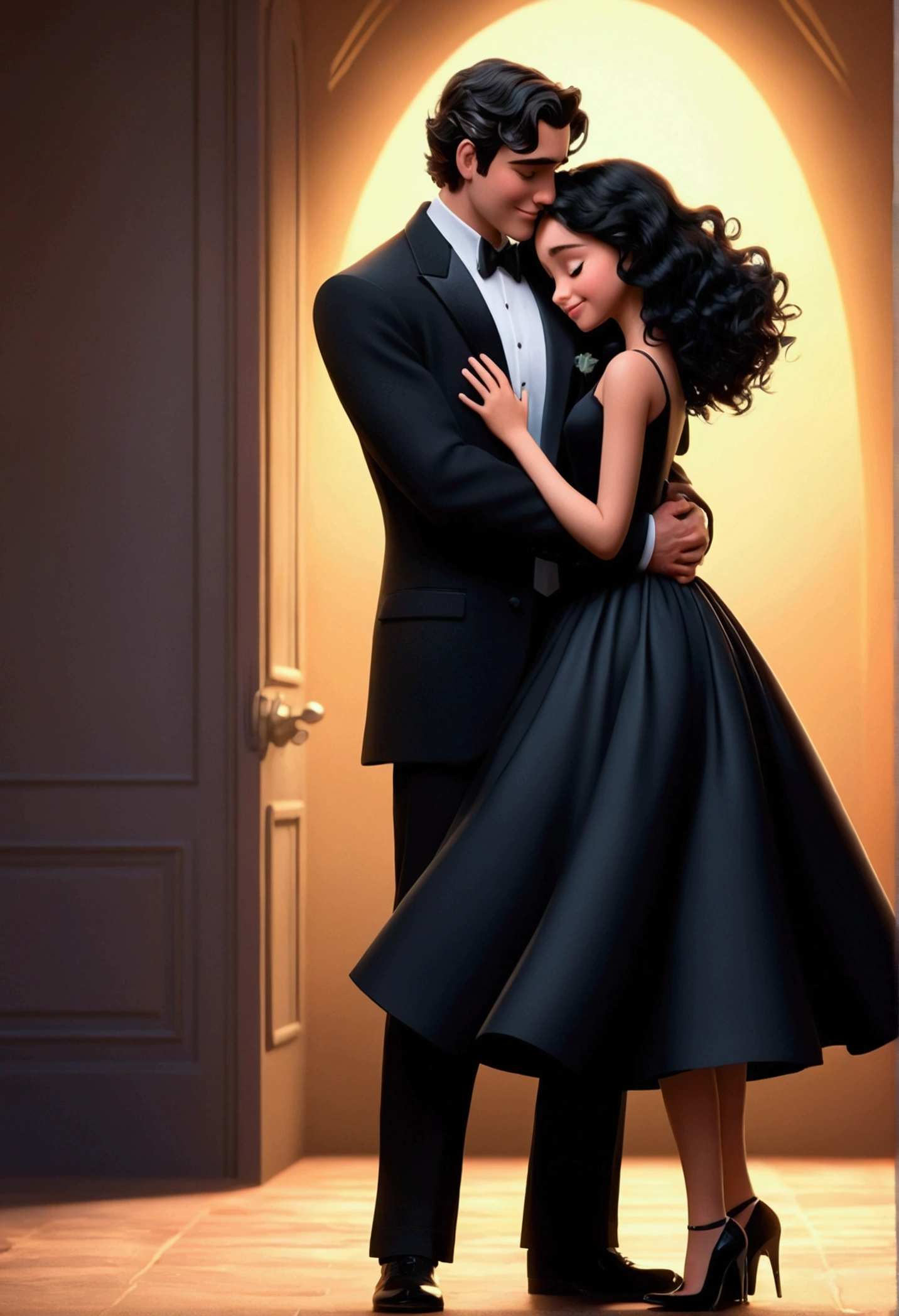 Pixar style images I want a 20-year-old boy with black, wavy hair and black formal attire hugging a 22-year-old girl with wavy black hair, wearing a long black dress and in heels and who are small in height 