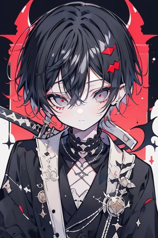 Boy, short hair, black hair, white inner hair, devil, devilish clothes, right eye black, left eye white, sword