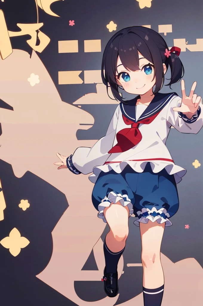 Number of primary school students, (masterpiece:1.8),(Highest quality:1.8),(Very detailed:1.8),(8k:1.8),(Ultra-fine Illustration:1.2),Random Hairstyles,Flat Chest,Long sleeve sailor suit,Butt,(Frills,Bloomers:1.5),(Pose with a smile:1.5),running,(Full body angle),, skirt
