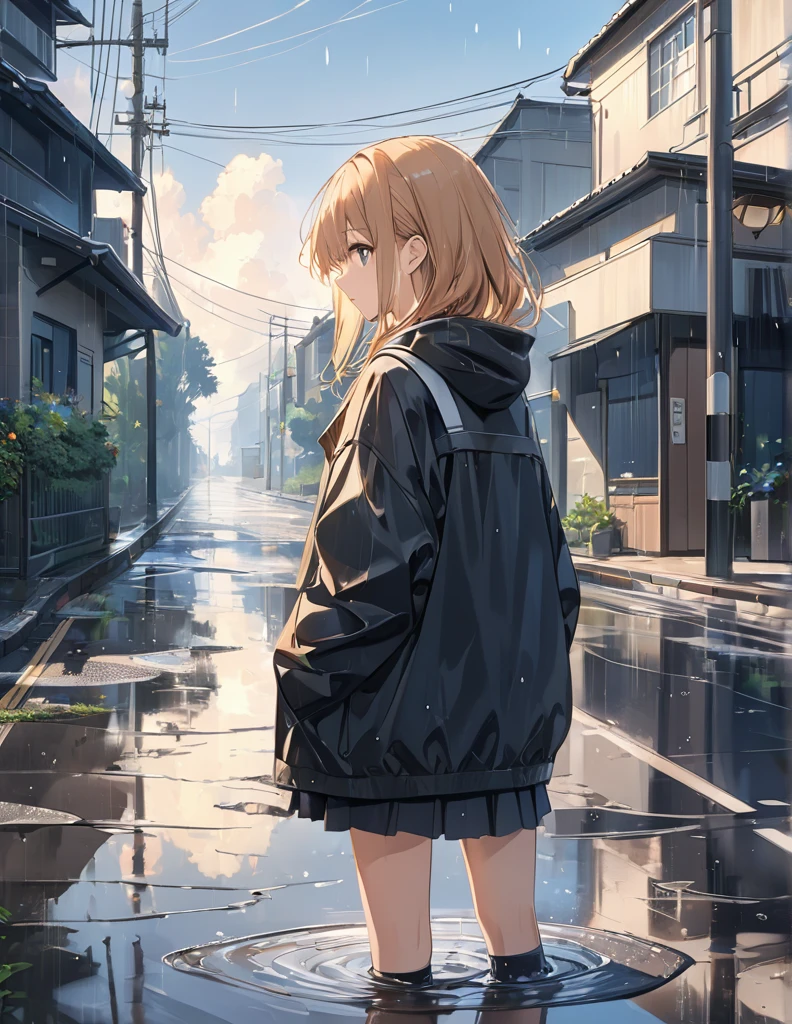 (Anime Style:1.4),A soft touch to painting、超High resolution, Attention to detail, high quality, High resolution, 最high quality, 4K, 8k,Road after the rain、Puddle and girl's feet、Pastel color effect