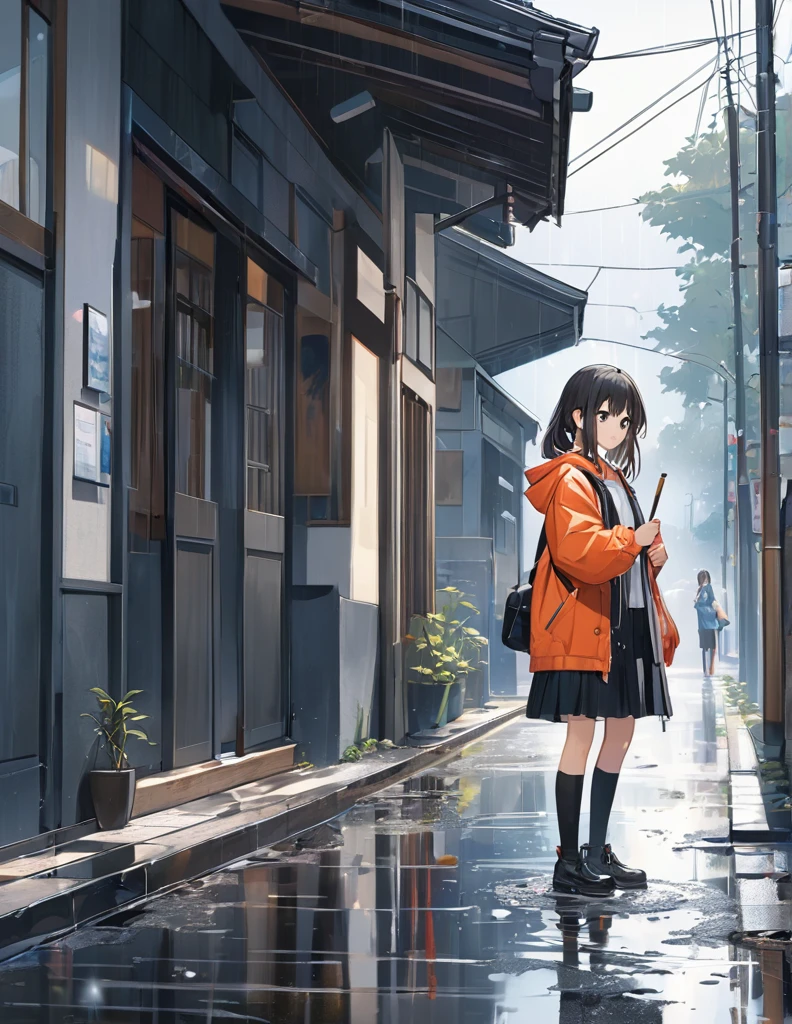 (Anime Style:1.4),A soft touch to painting、超High resolution, Attention to detail, high quality, High resolution, 最high quality, 4K, 8k,Road after the rain、Puddle and girl&#39;s feet、Pastel color effect