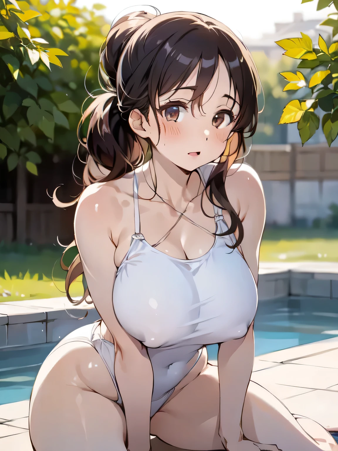 (LittorioCasualKC, (masterpiece)), ((best quality)), (ultra-detailed), ((extremely detailed)), 4K, (8K), best quality, 1girl, , (perfect anatomy:1.3), (five fingers), , (beautiful detailed hair), (((world-class quality))), photorealistic, extremely detailed, high resolution, (((detailed shaded pretty face))), house wife, (mature lady), solo, beautiful detailed eyes, ((glowing detailed skin and hair)), white-skinned, shiny skin((((gleaming skin)))),in heat, full-face blush, potbelly , thigh, ((sagging breasts)), arched back, sit astride, BREAK LittorioCasualKC, (Casual) , competition swimsuit BREAK, skindantation, perspired BREAK pool