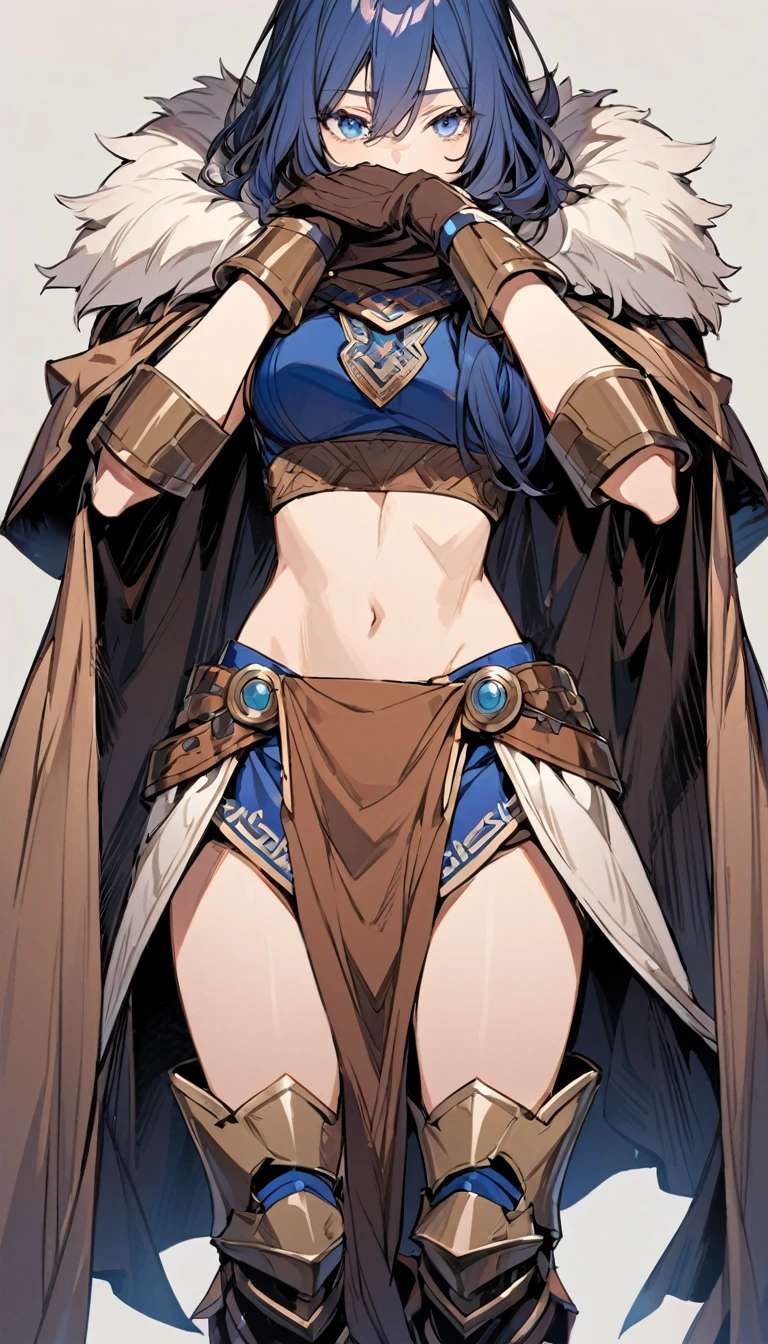 female,simple background,((whole body)),((from front)), from right in front of face and body,standing position, deep blue hair,medium hair,(messy hair:0.8), (pelvic curtain),cape,loincloth,leg armor,Sleeveless,long gloves,(crop top look:1.1),brown clothes,fur,blue eyes