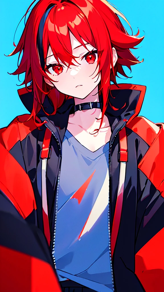 [(BLUE BACKGROUND:1.5),::5], ((((masterpiece)))), high quality, ultra very high resolution, full color, (((solo))), ((little boy)), ((Red hair)), (Black streaked hair), (oriental Red eyes), anime, ((upper body)), Summer clothes, neon light, black parka, 