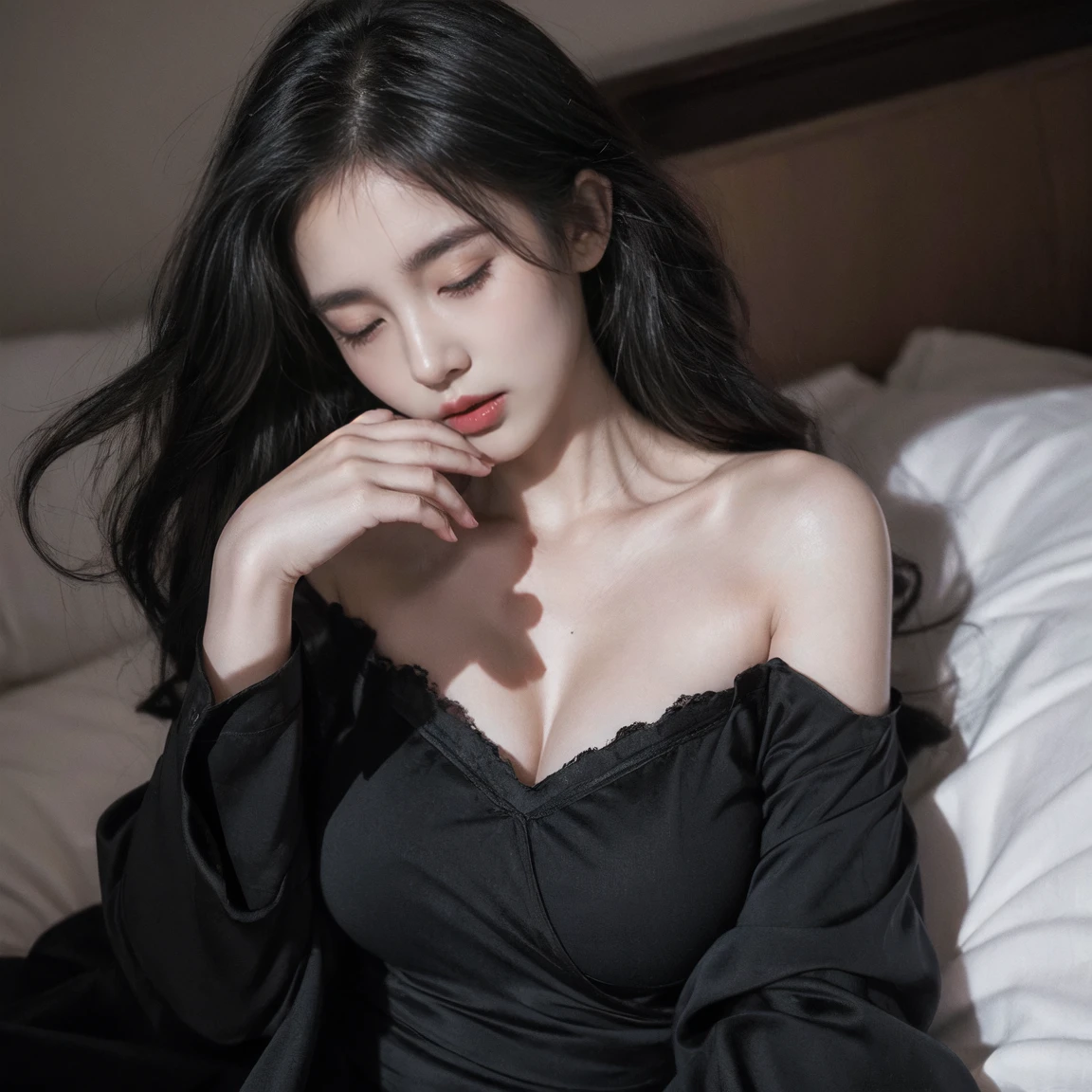 Best quality, masterpiece, ultra high res, photorealistic:1.5, raw photo, 1 girl, wear black oversize t-shirts, cleavage, show shoulders, deep shadow, low key, cold light, bob hair, fullbang, natural big breast, show big thigh, plump body, (lying on the bed), (furrowed eyebrows), (closing eyes), (face turned sideways), from above.