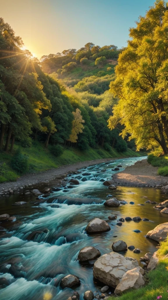 Create a stunning and picturesque scene featuring a majestic, large tree standing tall by the side of a gently flowing river. Another tree arches gracefully over the river, creating a natural canopy. The landscape includes rolling hills in the background, adorned with a variety of colorful flowers. The bright sun shines warmly in the sky, casting a golden glow over the scene. The river sparkles under the sunlight, adding a serene and peaceful ambiance to the natural beauty of the setting."