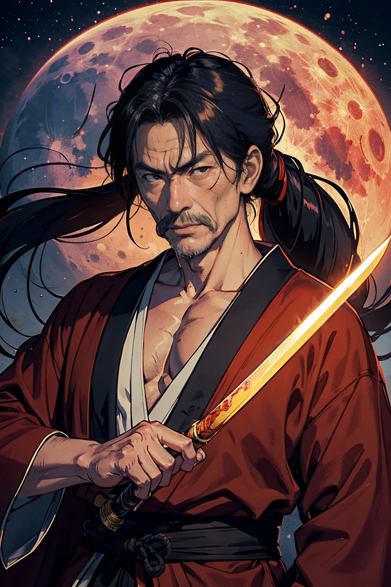 Full red moon in the background, 1man, a man that looks like Musashi Miyamoto with scars in his face and neck, the old man is wearing a japanese robe with his long hair ponytailed, he has his sword drawn out, you can only see a silhouette of him