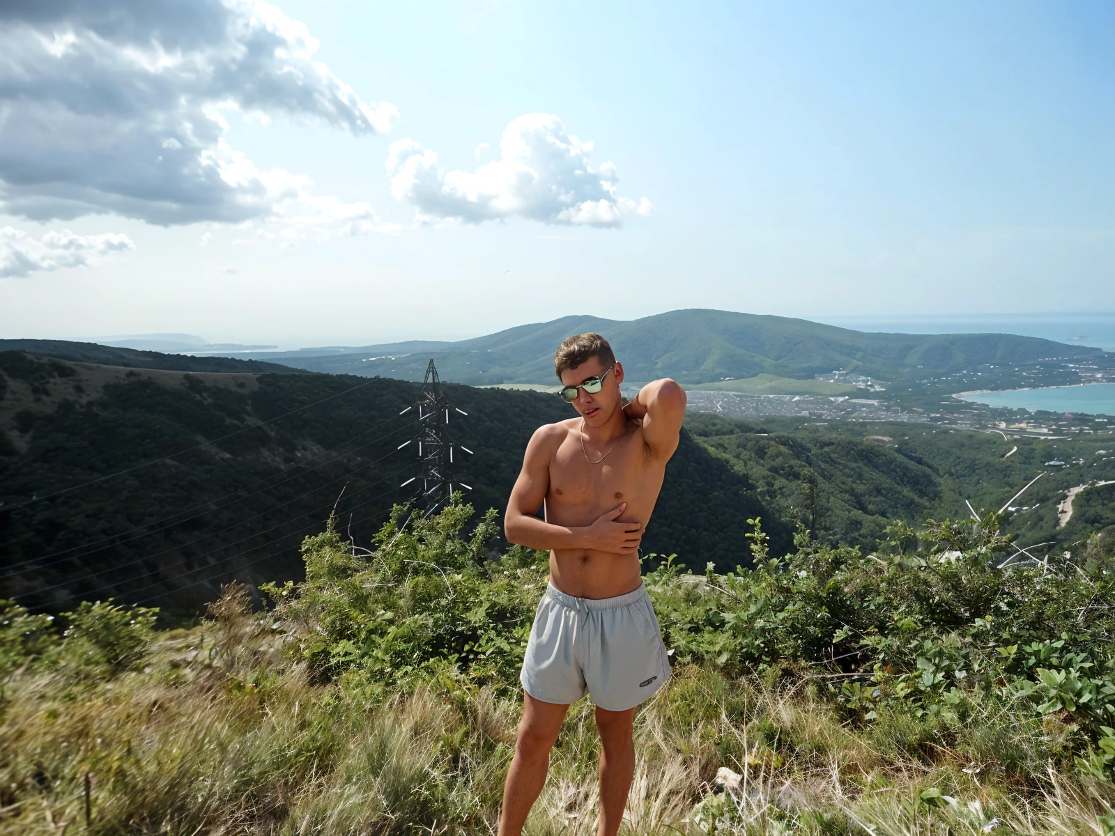 Peter stauffer handsome. 23 years old. (Happy Face), (Dark Blond Hair), (Fit Body :1.5),(Lean Muscle: 1.6), (Big Muscle: 1.5), Body Provided. Dressed in tight red boxers. High resolution, 8k,4k, ((topless)). (sitting on a dry tree trunk in a large lake surrounded by trees and great mountains)