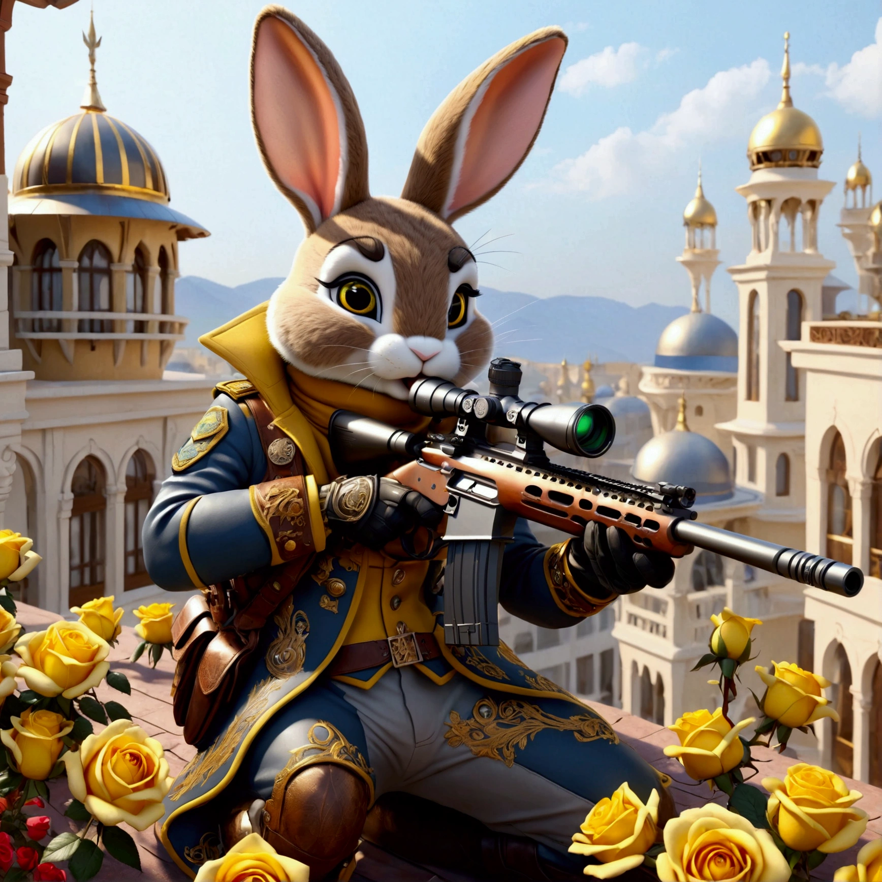 (Close-up front view of anthropomorphic bunny on roof and aiming with elite sniper rifle:1.3), (pointed at the viewer:1.3), brown bunny, (rifle has ornate white handle:1.1), (hiding amidst abundance of yellow roses:1.2), (stylish high-neck military jacket:1.1), (leather gloves and boots:1.1), (background is futuristic balcony with Arabian steampunk design:1.1), (beautiful twilight:1.2), bright colors, masterpiece in maximum 16K resolution, best quality, ultra detailed, aesthetics, absurdes.