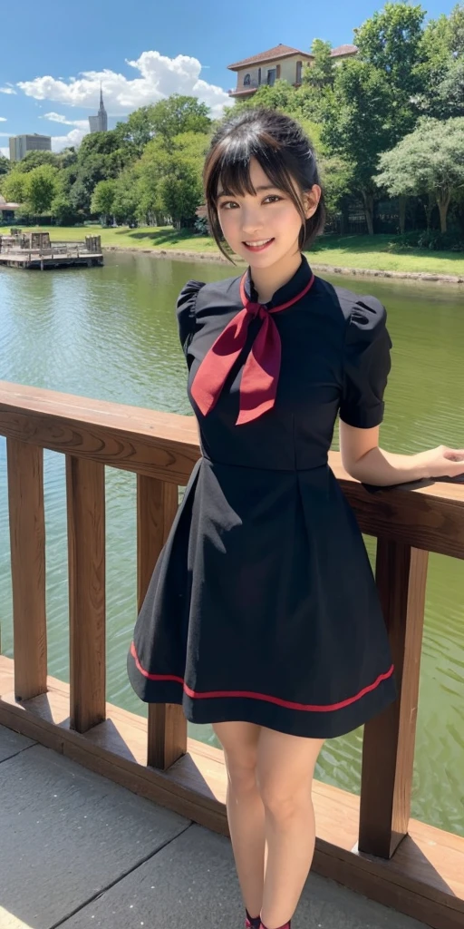 1girl,bangs,black_hair,blue_sky,bridge,building,castle,city,cityscape,cloud,day,dress,looking_at_viewer,outdoors,red_neckwear,red_ribbon,ribbon,river,short_hair,short_sleeves,sky,skyscraper,solo,standing,town,water,(masterpiece,anime,newest,new,exceptional:1.2),