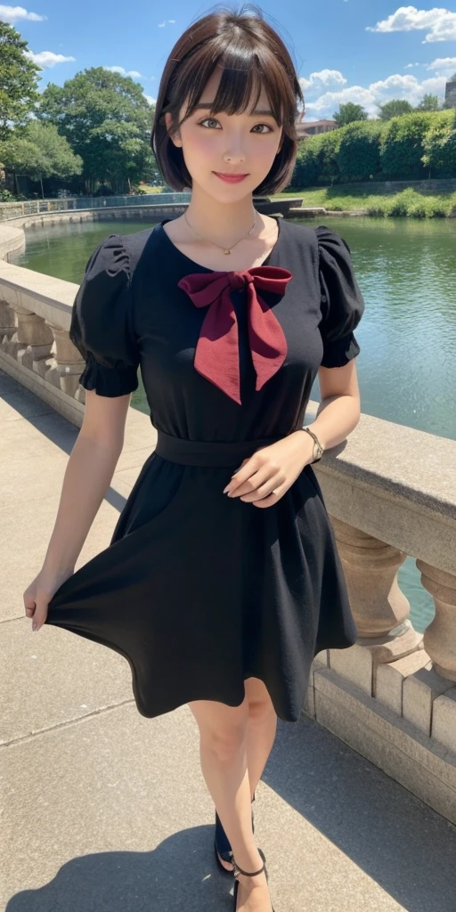 1girl,bangs,black_hair,blue_sky,bridge,building,castle,city,cityscape,cloud,day,dress,looking_at_viewer,outdoors,red_neckwear,red_ribbon,ribbon,river,short_hair,short_sleeves,sky,skyscraper,solo,standing,town,water,(masterpiece,anime,newest,new,exceptional:1.2),