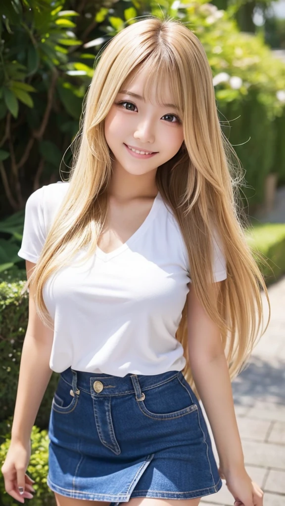 Best Pixels、Highest quality、Highest quality、One Woman、Young Japanese Woman、20th generation、Long Hair、blonde、blonde、summer、T-Shirts、Shorts sexy pose、Beautiful round eyes、smile、beauty、Large Breasts、Brushing your hair、Beautiful feet、Spread your legs、