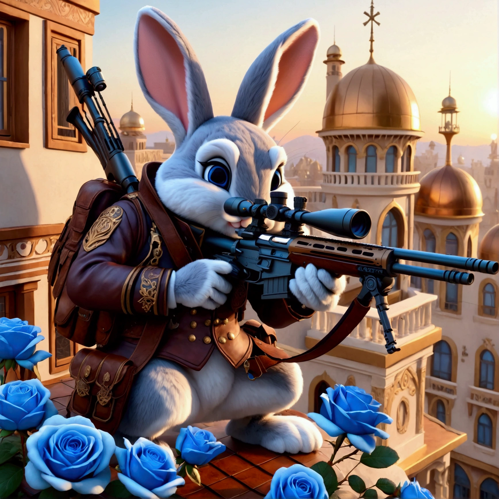 (Close-up front view of anthropomorphic bunny on roof and aiming with elite sniper rifle:1.3), (pointed at the viewer:1.3), brown bunny, (rifle has ornate white handle:1.1), (hiding amidst abundance of blue roses:1.2), (stylish high-neck military jacket:1.1), (leather gloves and boots:1.1), (background is futuristic balcony with Arabian steampunk design:1.1), (beautiful twilight:1.2), bright colors, masterpiece in maximum 16K resolution, best quality, ultra detailed, aesthetics, absurdes.
