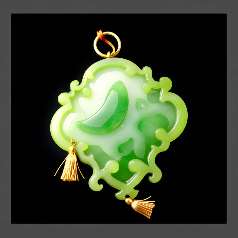 绿色的Jade Pendant，Golden tassels。Jade Pendant，Game Resources。 雕刻着花纹的Jade Pendant，Hand drawn texture