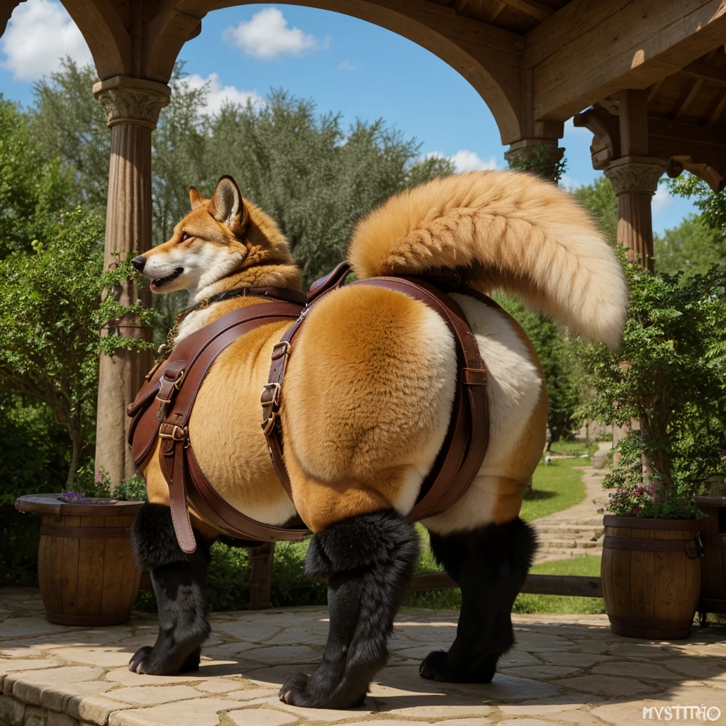 (Rear view), 4k ultra quality, 4k full body view,ultra high detailed body,singo person,foxtaur, detailed body, (ultra detailed belly), white belly fur,big belly, ((round taur belly)), enormous taur belly, enormous taur body, bulge,by mystikfox61, by glitter trap boy, by bebebebebe,by morethreedee, by seibear,(thick thigh),(chubby thigh),thicc thigh,thick legs,chubby legs,thicc legs,massive butt,enomorous thigh,massive thigh,massive legs,(detailed thigh),(wide thigh),thick butt,fluffy belly,furry belly,sharp nails,((sfw)),(ultra detailed face),ultra detailed eyes,cute face,green eyes,(golden fur),mouth open,big tail,fluffy tail,(detailed tail),enomorous tail,front view,bigger tail,huge tail,immobile taur,enomorous thigh,fluffy paws,detailed paws,thick paws,chubby paws,huge paws,big paws,(black paws),bare paws,ornate belts,ornate necklace,golden bracelet,leather belts,multiple belts,ultra big bulge,huge bulge, saddle bags,ornate saddle,saddle packs,big packs,mediaeval town,mediaeval style,treader